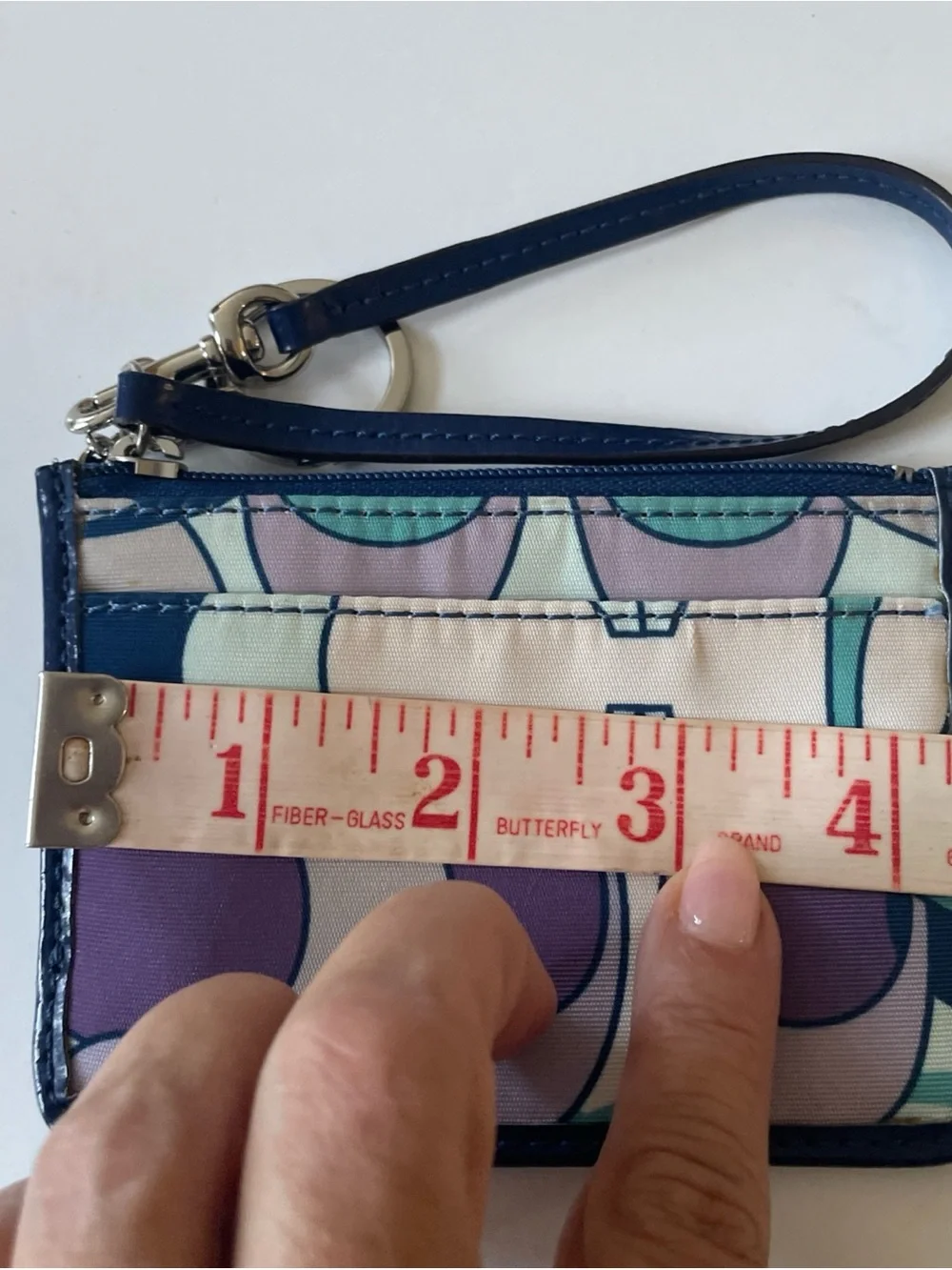Coach Multicolor Signature Print Wristlet Card Case in Purple and Navy